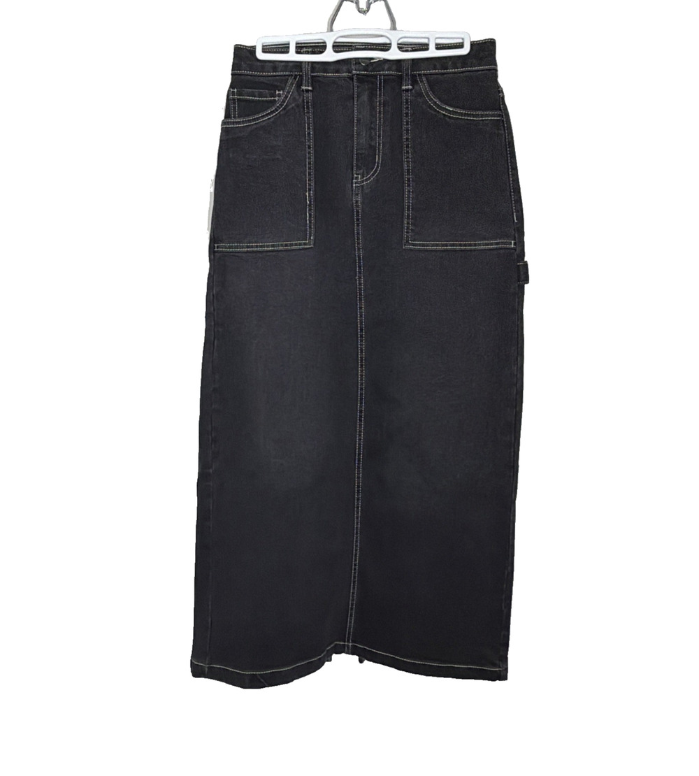 Love Fire Midi Jean Skirt 3 Washed Black Denim Pockets Back Slit Hammer Loop